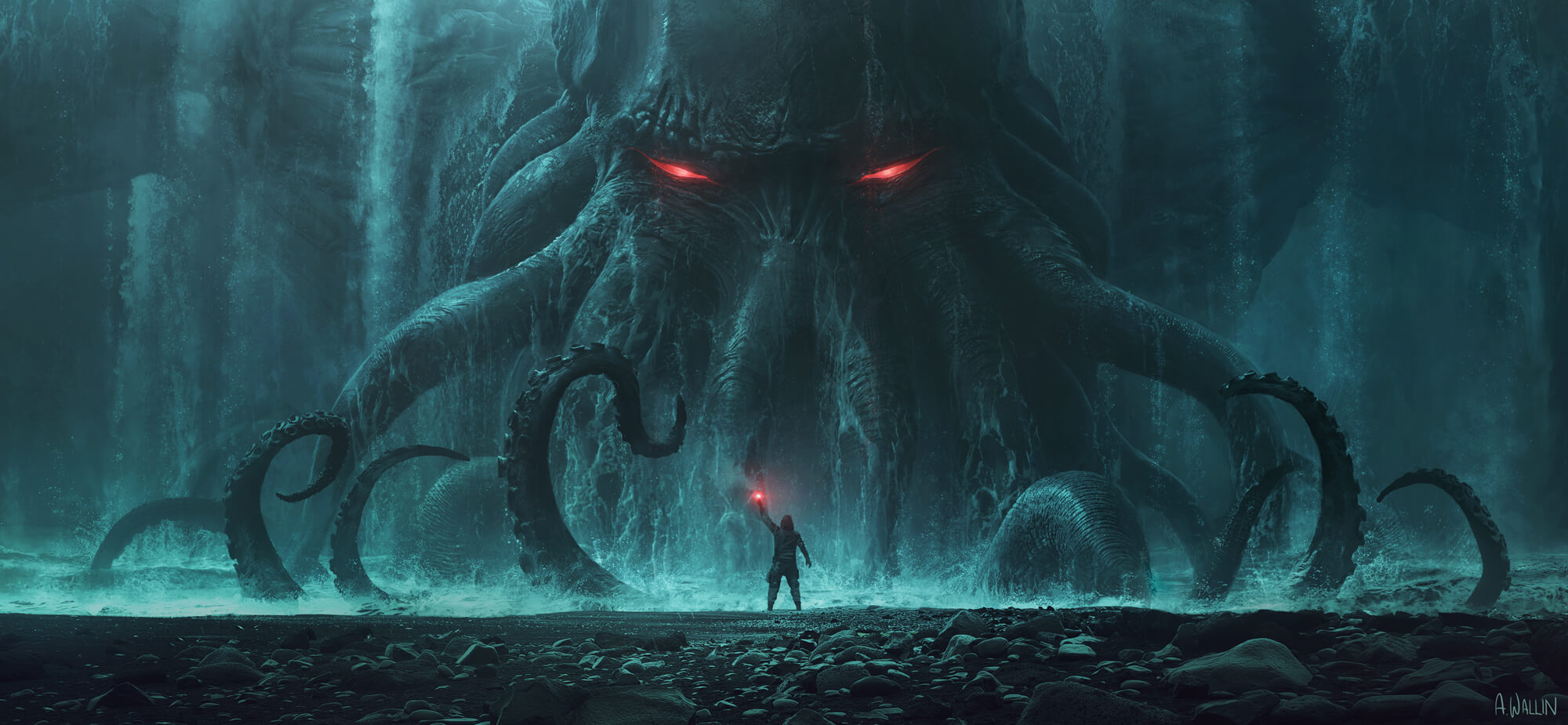 Enorme Cthulhu saindo do mar em frente de um homem na praia de pedras com uma tocha na mão esquerda