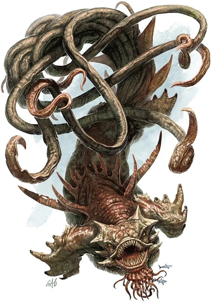 Ilustração de um Kraken de Dungeons and Dragon 5e. Ele é um "primo próximo" em termos de aparência dos nossos antagonistas principais, a Abolethic Sovereignty ou 