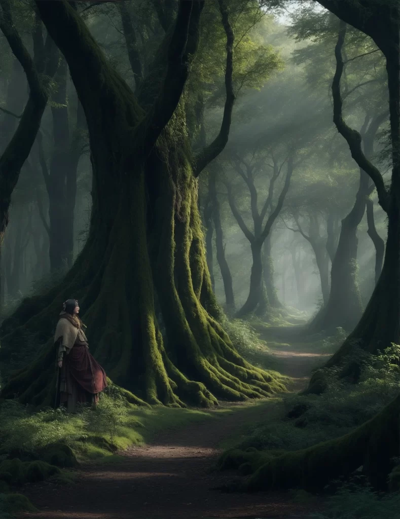 Ilustração de um possível visual para Árvores Altas (Tall Trees), florest da Costa da Espada de Dungeons and Dragons 5ed