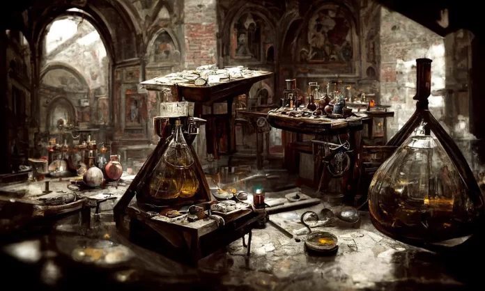 Laboratório de alquimia remetendo a fazer coisas em casa como RPGs Homebrew