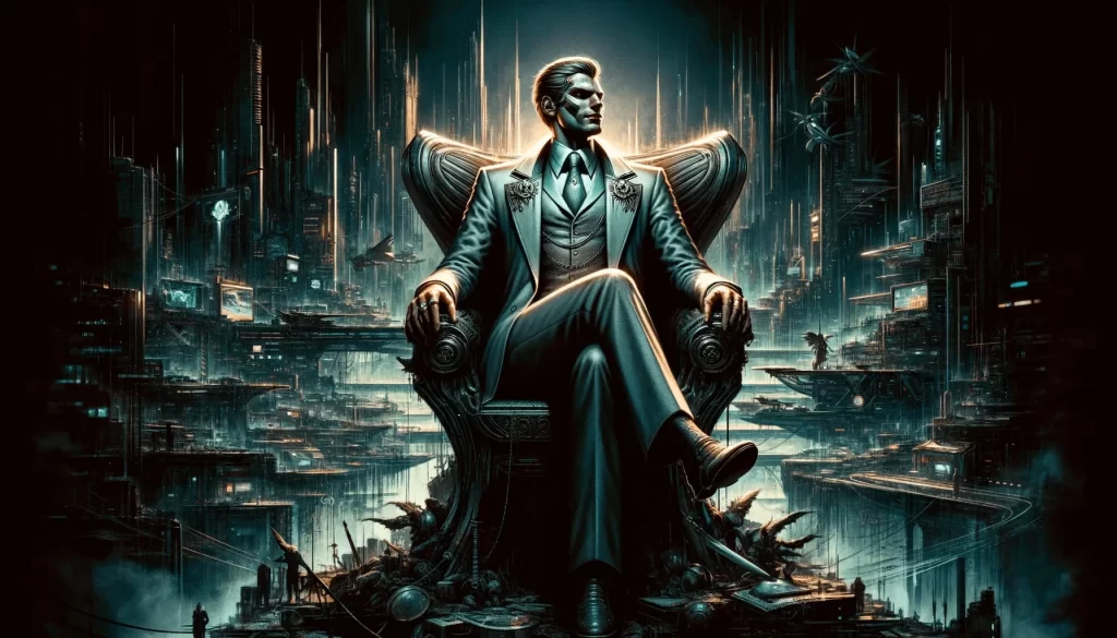 Personagem megalomaníaco em um cenário de jogo futurista, exibindo poder e arrogância em uma cidade distópica
