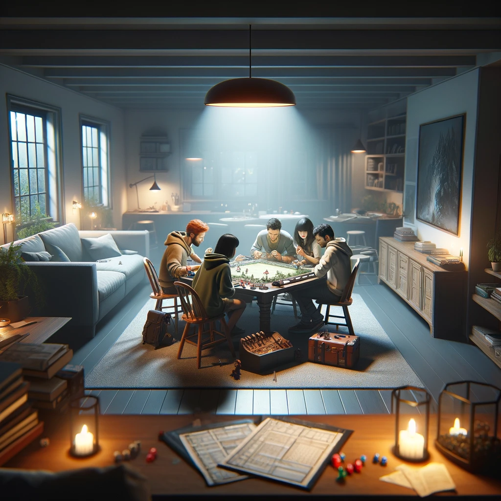  Esta ilustração mostra um pequeno grupo de 3 a 5 jogadores envolvidos em uma sessão de RPG, sentados ao redor de uma mesa. A cena se passa em uma sala de estar moderna com iluminação suave, criando uma atmosfera íntima e concentrada. Cada jogador está profundamente imerso no jogo, com elementos visíveis de RPG, como fichas de personagem, dados e um mapa menor na mesa. O ambiente é detalhado, mostrando um cenário realista que poderia ser encontrado em qualquer casa, com um toque de elementos de fantasia para realçar o tema de RPG.