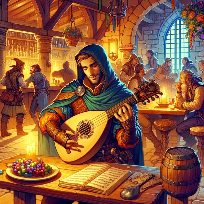 Esta ilustração mostra uma cena vibrante e detalhada de uma taberna de fantasia medieval. O foco está em um bardo, que é o personagem central, tocando um alaúde ou um instrumento similar, cativando a audiência na taberna. O ambiente é animado e acolhedor, com outros aventureiros e frequentadores da taberna ao fundo, envolvidos em conversas e aproveitando a música. O estilo mantém a atmosfera colorida e viva da imagem atual, com um claro destaque para o bardo e seu instrumento.